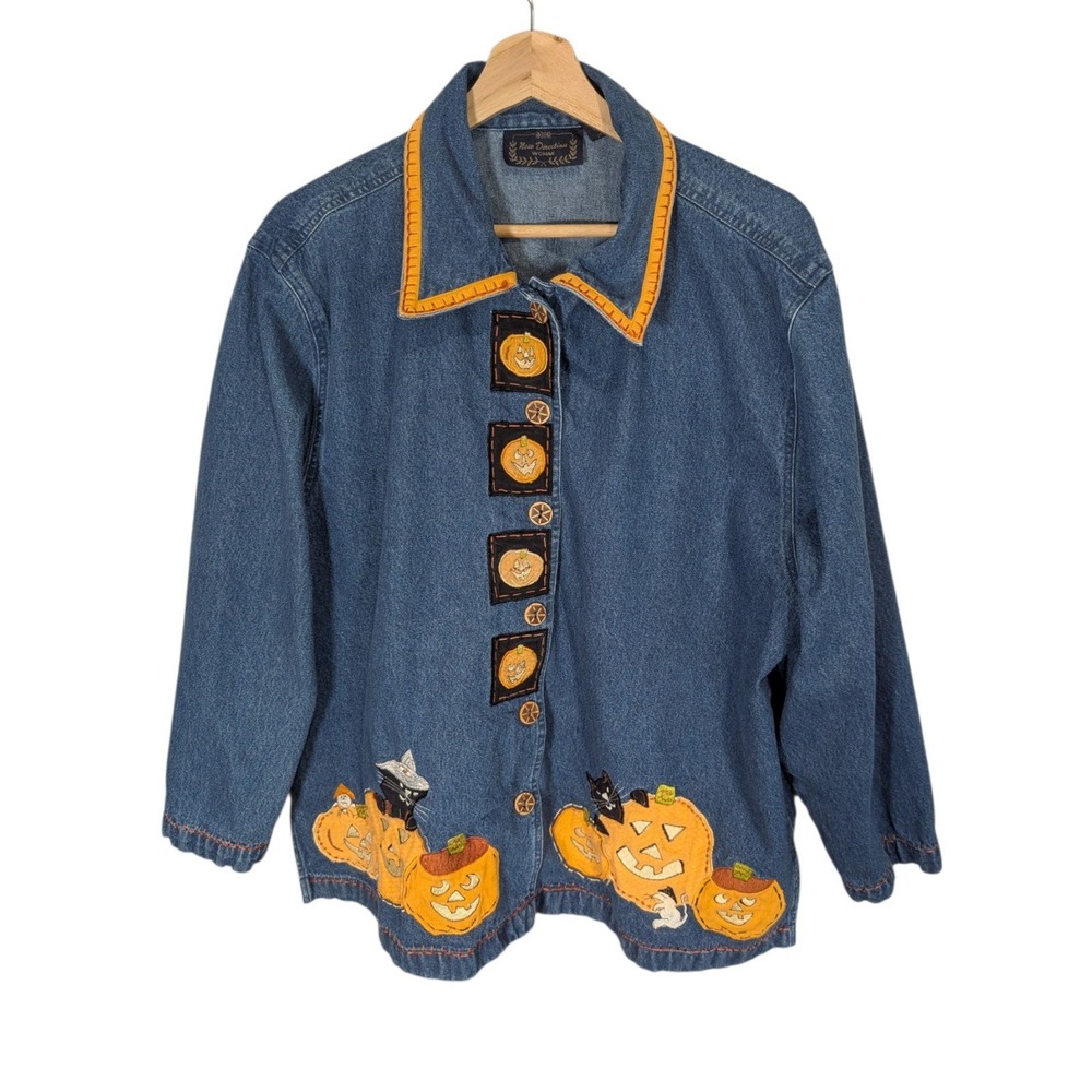 New Direction Woman Halloween Denim Shirt Jacket Pumpkin Cat Ghost Blue 2X